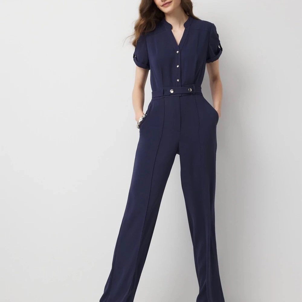 Women's Navy Short-Sleeve Belted Jumpsuit